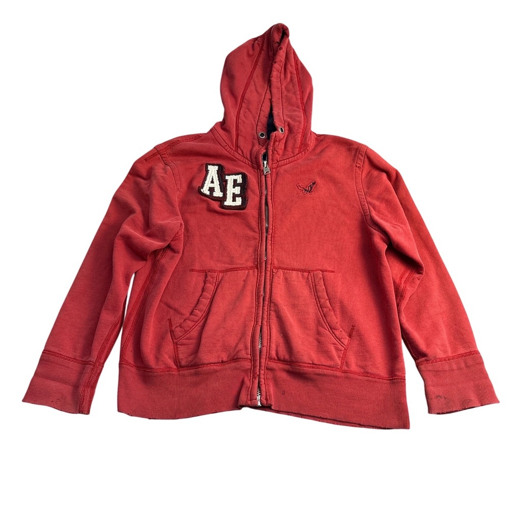 American Eagle Mens Red Full Zip Hoodie AE Varsity Logo Distressed XL